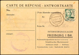 12 Pfg. Freimarke Mit Stempel RAVENSBURG 3.12.47 Auf Vordruck-Antwortkarte In Ein Interniertenlager In Freiburg Mit... - Otros & Sin Clasificación