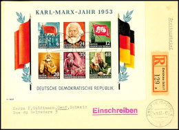 Marx-Block Ungezähnt Auf Auslands-R-FDC Von ZWICKAU 24.10.53 Nach Genf, Rückseitig Mit Ank.-Stempel,... - Autres & Non Classés