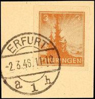 3 Pf. Gelbbraun, Ungezähnt, Auf Briefstück "ERFURT 2.3.46", Gepr. Herbst BPP, Mi. 150,-, Katalog: 92AXavU... - Autres & Non Classés