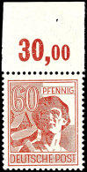 60 Pfg Arbeiterserie, Abart "dünnes Papier", Plattenoberrand Ndgz, Tadellos Postfrisch, Gepr. Schlegel A. BPP,... - Autres & Non Classés