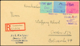 4,6,8 Und 24 Pf. A. Portoger. R.-Brief Nach Dresden, Klare Notstempelentwertung Type "e" Vom 26.10.1945, Rs.... - Grossraeschen