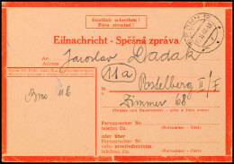 Lager Postelberg: 1944, Zweisprachige Rote Eilnachrichten-Karte Bedarfsgebraucht Von BRUNN 12 23.XI.44. In Das... - Altri & Non Classificati