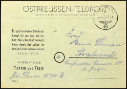 1945, Ostpreussen-Feldpostkarte Auf Hellgrünem Karton Mit Aufdruckvariante "TAPFER Und TREU", Gebraucht Mit... - Sonstige & Ohne Zuordnung