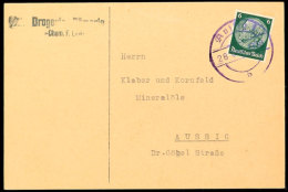 "Aussig 1 B 28 OKT 1938" - Violetter Doppelkreisstegstempel, Auf Bedarfspostkarte Einer Drogerie Aus Pömerle,... - Autres & Non Classés