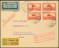 50 C. Flugpost 1928, Viererblock Auf R-Brief Mit Rotem Luftpoststempel, Befund Ney VP (2016), Mi. 150,- ++ (die... - Otros & Sin Clasificación