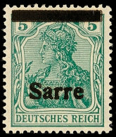 5 Pf. Germania-Sarre, Type I, Verschobener Aufdruck, Balken Oben, Schrift Unten, Postfrisch, Käferzeichen Und ... - Otros & Sin Clasificación