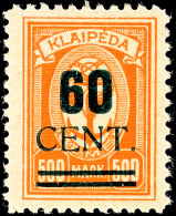 60 Cent Grünaufdruck, Aufdruck In Type I, Tadellos Ungebraucht, Fotobefund Nagler VP (2016): "einwandfrei",... - Memel (Klaipeda) 1923