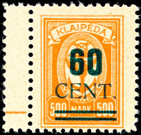 60 C Grünaufdruck Tadellos Postfrisch, Tiefst Gepr. Petersen BPP, Mi. 600.-, Katalog: 237I **60 C Green... - Memel (Klaipeda) 1923