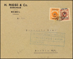 10 Centu Auf 25 M Und 20 Centu Auf 500 M, Bankbrief Ab Klaipéda Nach Berlin, Eingangsstempel 21.4.23,... - Memel (Klaïpeda) 1923