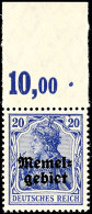 20 Pf. Germania, Violettblau, Plattendruck, Oberrandstück Postfrisch, Mi. 200.-, Katalog: 4b POR **20 Pf.... - Memel (Klaïpeda) 1923