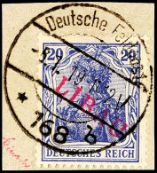 20 Pfg Germania Dunkelviolettblau Mit Rotem Aufdruck "LIBAU" In Type II, Tadellos Gestempelt Auf Briefstück,... - Autres & Non Classés