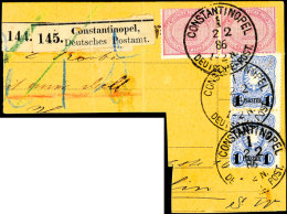 2 M. Mittelrosa Waagerechtes Paar Und 1 Pia. Auf 20 Pf. Blau Senkrechtes Paar, Gestempelt "CONSTANTINOPEL 1/2.2.86"... - Turkey (offices)