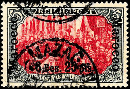 6 Pes. 25 C. Auf 5 Mark Reichspost, Urmarke Type  I Mit Nachmalung Mit Rot Und Deckweiß, Dünner... - Deutsche Post In Marokko
