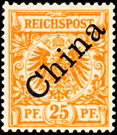 25 Pfennig Krone/Adler Mit Diagonalaufdruck "China", Gelblichorange, Tadellos Postfrisch, Gepr.... - China (offices)