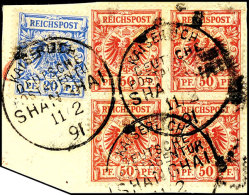 50 Pf. Viererblock Und 20 Pf Auf Leinen-Briefstück, Fotobefund Ronald F. Steuer BPP: "...zeigt Drei Echte Und... - Deutsche Post In China