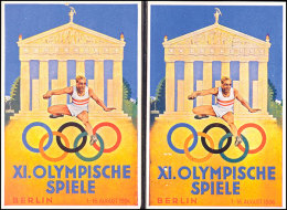 1936, XI. OLYMPISCHE BERLIN, 2 Color Gedenkkarte, Je Mit Entspr. Marke Und Pass. SST, Blanko, Rücks Variante... - Sonstige & Ohne Zuordnung