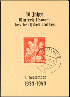 1943, 10 Jahre WHW Des Deutschen Volkes/1. September 1933-1943, Kl. Gedenkblatt Mit Pass. Mi.-Nr. 859, Tagesstpl.... - Sonstige & Ohne Zuordnung