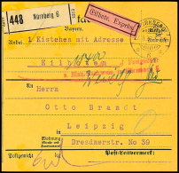 1923, Roter L2 "...M...Pf. Freigebühr S. Einn. Nachw. In Nürnberg 6", Klar Auf Eilboten-Paketkarte Von... - Autres & Non Classés