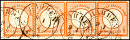 1/2 Gr. Kleiner Schild Ziegelrot, Waager. Viererstreifen Auf Briefstück, Sauber Gestempelt "RAHDEN 9 1 72",... - Other & Unclassified