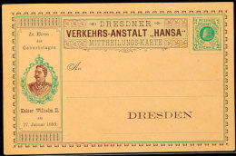 DRESDEN HANSA, GS-Postkarte 2 Pfg, Ungebrauchte "MITTHEILUNGS-KARTE" Zu Ehren Des Geburtstages Kaiser Wilhelm II.... - Autres & Non Classés