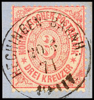 "HECHINGEN-BAHNH: 20 6 71", Ablöser-K1, Vollständiger Abschlag Auf Briefstück 3 Kr., Ein Fehlzahn,... - Otros & Sin Clasificación