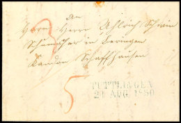 "TUTTLINGEN 21 AUG 1850" - Grünlichblauer L2, Feuser 3623-5, Auf Austaxiertem Auslandsbrief Nach Beringen... - Autres & Non Classés