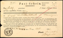 SALZUNGEN 1862, Postschein Für Eine Sendung Mit Wertangabe Nach Meiningen  BFSALZUNGEN 1862, Postal Form... - Sonstige & Ohne Zuordnung