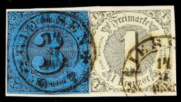 "GIESSEN 14 9 1852" - K2 Mit Kreuzen, Auf Briefstück Mit Je Fast Vollrandiger 1 Kr. A. Graugrün Und 3 Kr.... - Autres & Non Classés