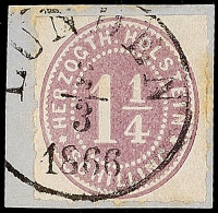 "LUNDEN 2.3.1866", Klar Und Fast Komplett Auf Briefstück Mit 1 1/4 S. Lebhaftbraunpurpur Durchstochen, Minimal... - Schleswig-Holstein