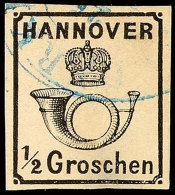 1/2 Gr. Posthorn Unter Krone, Rote Gummierung, Allseits Vollrandiges Exemplar, Entwertet Mit Blauem K2 Von... - Hanovre