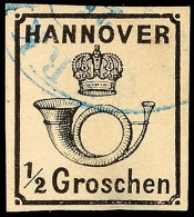 1/2 Gr. Posthorn Unter Krone, Rote Gummierung, Allseits Vollrandiges Exemplar, Entwertet Mit Blauem K2 Von... - Hannover