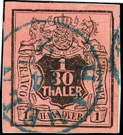 1/30 Th. A. Himbeerrot, Breitrandiges Kabinettstück Mit Blauem K1 "HAMELN" Auf Kleinem Briefstück, Sign.... - Hanovre
