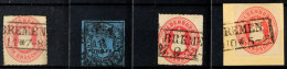 4 Verschiedene Bremen-Stempel Auf Marken Von Oldenburg, U. A. Dabei Schwarzer K2 "ST.P.A. BREMEN" Auf MiNr. 2 I... - Brême