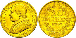20 Lire, Gold, 1867, Pius IX., Fb. 280, Kl. Rf., Ss.  Ss20 Liras, Gold, 1867, Pius IX., Fb. 280, Small Edge... - Vatican