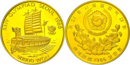 50000 Won, Gold, 1986, Schildkrötenboot, Fb. 7, 31,1g Fein, Mit Zertifikat In Ausgabeschatulle, PP. ... - Coreal Del Sur