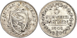 Thurgau, 5 Batzen, 1808, 5 Ohne Punkt, Auflage Nur 2580 Stück, HMZ 2-933, F.vz.  Thurgau, 5 Chunk, 1808, 5... - Otros & Sin Clasificación