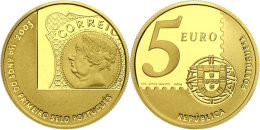 5 Euro, Gold, 2003, 150 Jahre Portugiesische Briefmarken, 916er Gold, 17,5 G, Fb. 207, KM 749, In Kapsel, PP. ... - Portugal