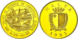 25 Liri (50 Ecu), Gold, 1993, 430 Jahre Verteidigung Des Christlichen Europa, Mit Zertifikat In Ausgabeschatulle,... - Malta