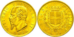 20 Lire, Gold, 1866, Victor Emanuel II., Turin, Fb. 11, Kl. Rf., Ss.  Ss20 Liras, Gold, 1866, Victor Immanuel... - Sonstige & Ohne Zuordnung