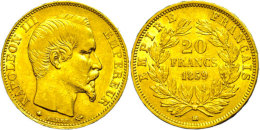 20 Francs, Gold, 1859, Napoleon III., Straßburg, Fb. 574, Wz. Rf., Ss-vz.  Ss-vz20 Franc, Gold, 1859,... - Autres & Non Classés