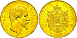 50 Francs, Gold, 1855, Napoleon III., Paris, Fb. 571, Kl. Rf., Ss-vz.  Ss-vz50 Franc, Gold, 1855, Napoleon... - Other & Unclassified