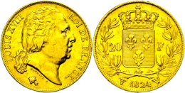 20 Francs, Gold, 1824, Ludwig XVIII., Lille, Fb. 539, Randfehler, Ss-vz.  Ss-vz20 Franc, Gold, 1824, Ludwig... - Sonstige & Ohne Zuordnung