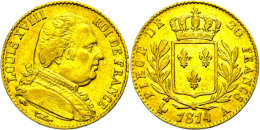 20 Francs, Gold, 1814, Ludwig XVIII., Paris, Fb. 525, Kl. Rf., Ss.  Ss20 Franc, Gold, 1814, Ludwig XVIII.,... - Autres & Non Classés