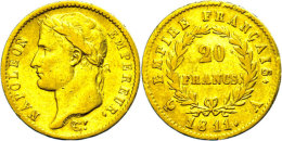 20 Francs, Gold, 1811, Napoleon, Paris, Fb. 511, Kl. Rf., Ss.  Ss20 Franc, Gold, 1811, Napoleon, Paris, Fb.... - Autres & Non Classés