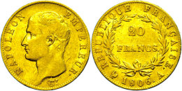 20 Francs, Gold, 1806, Napoleon, Paris, Fb. 487a, Ss.  Ss20 Franc, Gold, 1806, Napoleon, Paris, Fb. 487a, Very... - Autres & Non Classés