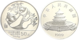 50 Yuan, 5 Oz Silber, 1989, Panda Auf Dem Rücken Liegend Mit Jungtier Auf Dem Bauch, KM 225, Schön 216,... - China