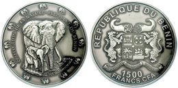 1500 Francs CFA, 2015, Silber 0,999, 2 Oz 46 Mm, Der Elefant Von Benin, Vs. Wappen. Rev. Elefant Mit Jungtier,... - Benin