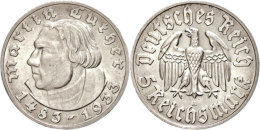 5 Reichsmark, 1933, Martin Luther, A, Vz., Katalog: J. 353 Vz5 Reichmark, 1933, Martin Luther, A, Extremley... - Altri & Non Classificati