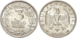 3 Reichsmark, 1932, J, Wz. Rf., Vz+., Katalog: J. 349 3 Reichmark, 1932, J, Watermark. Edge Nick, Extremly Fine... - Otros & Sin Clasificación