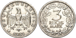 3 Reichsmark, 1931 A, Min. Rf, Feine Kratzer, Vz, Katalog: J. 349 Vz3 Reichmark, 1931 A, Minimal Rf, Fine... - Otros & Sin Clasificación